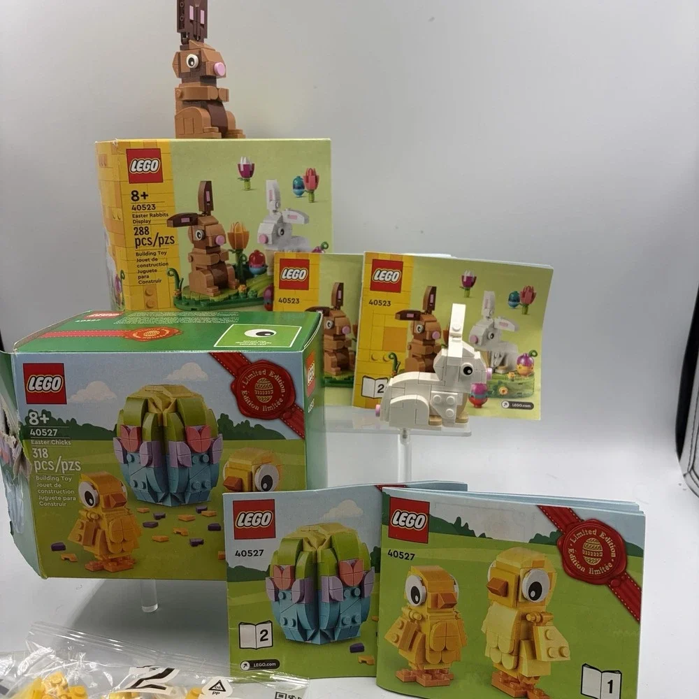 LEGO Easter Sets 40523 & 40527 Easter Rabbits & Easter Chicks Open And Assembled